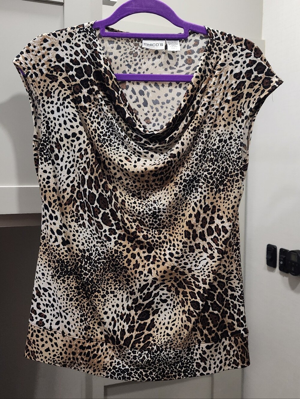 Chico's Animal Print Cowl Neck Sleeveless Top in Brown and Black